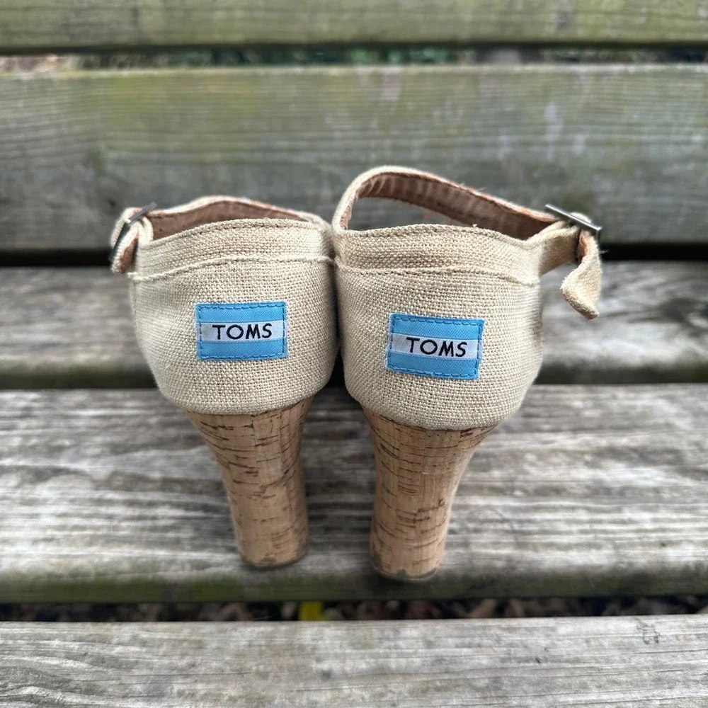 TOMS Sienna Oatmeal Linen Cork Wedge Sandals Size 12 Tan Ankle Strap Platform